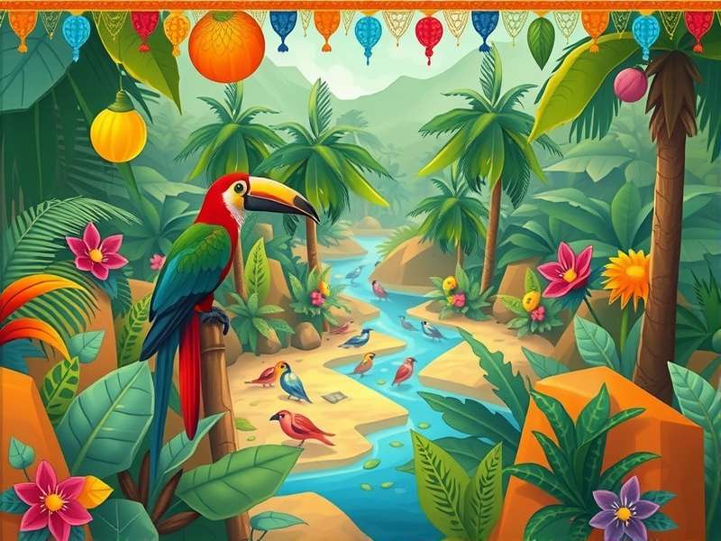 Tropical Tapestry game screenshot showing colorful jungle environment